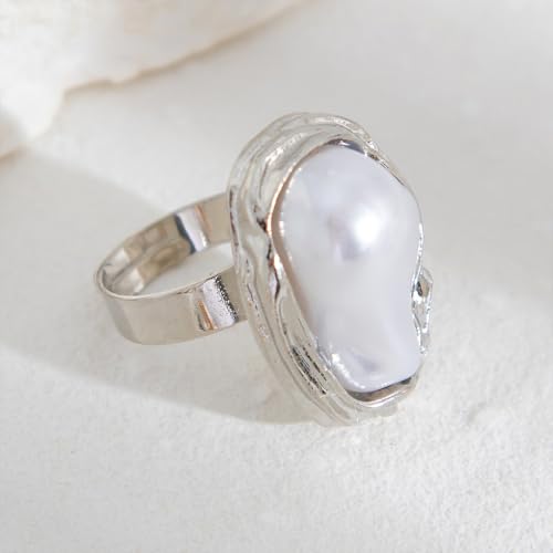 GIGB PBDK Gold Plated Baroque Pearl Ring for Women Fashion Chunky Irregular Pearl Knuckle Statement Ring Minimalist Promise Ring Bridal Wedding Charm Jewelry - color: Silver