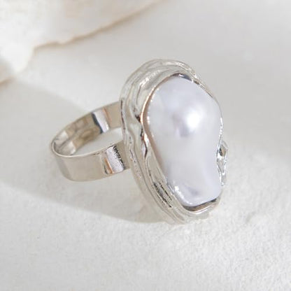 GIGB PBDK Gold Plated Baroque Pearl Ring for Women Fashion Chunky Irregular Pearl Knuckle Statement Ring Minimalist Promise Ring Bridal Wedding Charm Jewelry - color: Silver