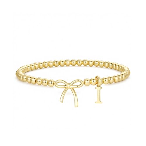 M MOOHAM Bow Initial Bracelets for Women Girls, Letter A-Z Beaded Bracelet | 14K Gold Plated, Bow Bracelets for Girls, Gold Bracelet, Beaded Initial Bracelet, Birthday Gift for Teen Girl Jewelry - color: I