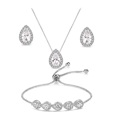 Teardrop Cubic Zirconia Jewelry Set for Women Wedding Prom Bridesmaid Gift | Sparkle Necklace Earrings Bracelet, Bride Formal Party Jewelry - color: White Gold