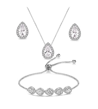 Teardrop Cubic Zirconia Jewelry Set for Women Wedding Prom Bridesmaid Gift | Sparkle Necklace Earrings Bracelet, Bride Formal Party Jewelry - color: White Gold
