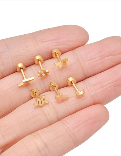 Akeoqi 25Pcs 16G Cartilage Earrings Stud for Women Men Stainless Steel Helix Conch Hoops CZ Opal Flower Butterfly Moon Lighting Snake Bee Forward Rook Tragus Flat Screw Back Piercings Jewelry