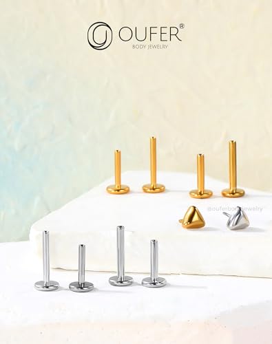 OUFER G23 Titanium Threadless Labret Studs – Flat Back Push Pin Earrings for Tragus, Helix, Monroe, Conch, Lip Piercing – 16G/18G, 6MM/8MM - color: Gold-Tri, size: 16g 6mm