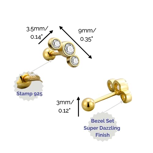 14K Gold Plated Nap Earrings Sterling Silver Ball Bar Bezel Setting CZ Stones Screw Back Hypoallergenic Earrings Everyday Cartilage Helix Parisian Minimalist Piercing Earrings For Women Unisex - color: Triple Lights - YG
