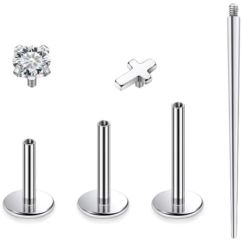 Titanium Flat Back Lip Rings Internally Threaded Earrings Studs Nose Rings 16G Cross Curve Stripe Tragus CZ Cartilage Lobe Rook Helix Conch Labret Medusa Piercing Jewelry for Women Men - style: Cross
