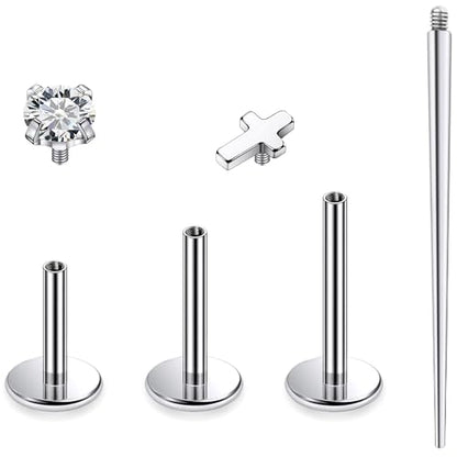 Titanium Flat Back Lip Rings Internally Threaded Earrings Studs Nose Rings 16G Cross Curve Stripe Tragus CZ Cartilage Lobe Rook Helix Conch Labret Medusa Piercing Jewelry for Women Men - style: Cross