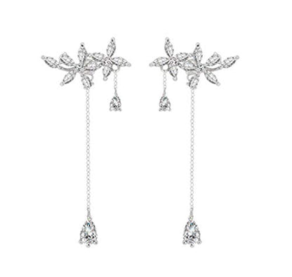 SLUYNZ 925 Sterling Silver Dainty CZ Flowers Wrap Earrings Dangle Chain for Women Elegant Dangling Earrings Bridal Earrings Wedding Engagement Drop Earrings Prom Engagement Party Jewelry - color: A-Silver