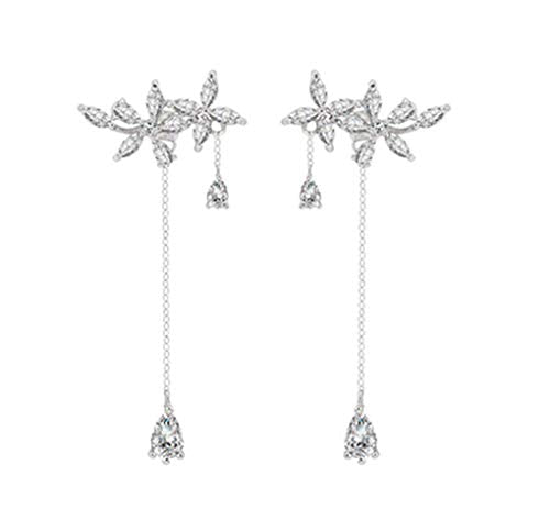 SLUYNZ 925 Sterling Silver Dainty CZ Flowers Wrap Earrings Dangle Chain for Women Elegant Dangling Earrings Bridal Earrings Wedding Engagement Drop Earrings Prom Engagement Party Jewelry - color: A-Silver