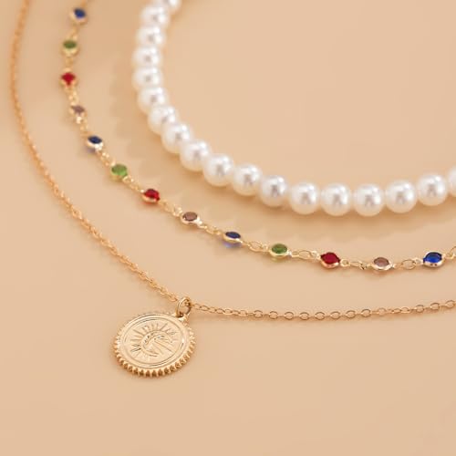Layered Gold Necklaces for Women Stackable Pearl Coin Choker Necklace Set Colorful Cubic Zirconia Chain Necklaces Trendy Birthday Jewelry Gifts