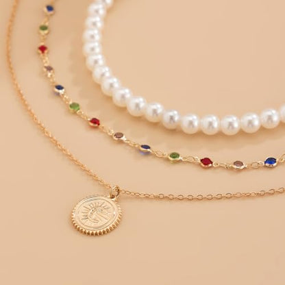 Layered Gold Necklaces for Women Stackable Pearl Coin Choker Necklace Set Colorful Cubic Zirconia Chain Necklaces Trendy Birthday Jewelry Gifts