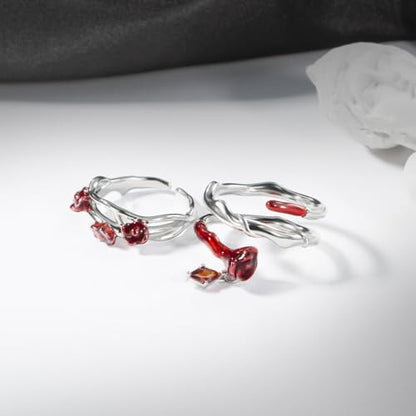 Copper Alloy White Gold Plated Red Rose Shaped Resin Art Gem Ring Set Open Adjustable Stackable Romantic Unique Design Multi-Finger Rings for Women with Premium Gift Box - color: A+B Set