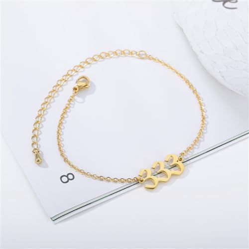 PAURO Women's Angel Number Bracelet Ankle Anklet Chain Adjustable | Stainless Steel, Minimalist Numerology Spiritual Statement Jewelry Gift - color: Gold 333, 5.5+2.8inch