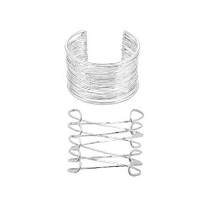 COLORFUL BLING Punk Alloy Hollow Geometric Smooth Polished Gold Hoop Open Cuff Wide Bracelet Bangle Wrist Jewelry for Women Lady - color: 2pcs silver thread