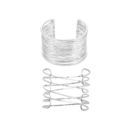 COLORFUL BLING Punk Alloy Hollow Geometric Smooth Polished Gold Hoop Open Cuff Wide Bracelet Bangle Wrist Jewelry for Women Lady - color: 2pcs silver thread