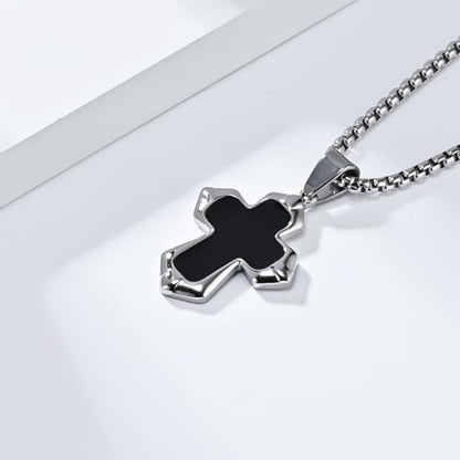 Unisex Stainless Steel Black Onyx Cross Pendant Necklace for Men Women,Titanium Steel Christian Cross Charm Jewelry Chain Necklace for Mens,Religious Jesus Christ Crucifix Cross Necklaces,24inch Chain