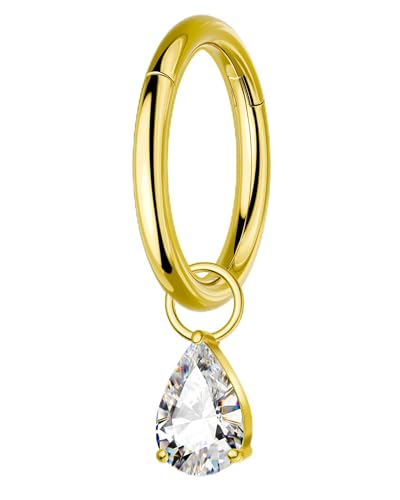 COCHARM Titanium Clicker Hoop Belly Button Ring, 8mm 14G Teardrop Belly Navel Ring, Dangling Hoop Belly Piercing Jewelry Nickel Free - color: Gold-Clear CZ