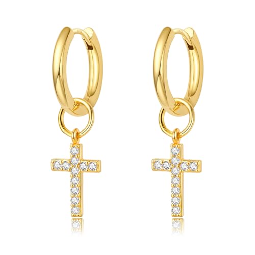 DAILY VIBES Cute Butterfly Star Cross Heart CZ Dangle Earrings for Women | 925 Sterling Silver Post, 14K Gold or Silver Plated, Mini Cubic Zirconia Dainty Drop, Cartilage Small Huggie Hoop Earrings - color: Gold Cross CZ