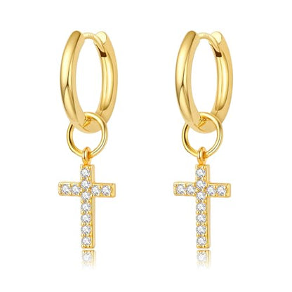 DAILY VIBES Cute Butterfly Star Cross Heart CZ Dangle Earrings for Women | 925 Sterling Silver Post, 14K Gold or Silver Plated, Mini Cubic Zirconia Dainty Drop, Cartilage Small Huggie Hoop Earrings - color: Gold Cross CZ