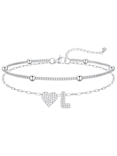 FaithHeart Initial Ankle Bracelets for Women Waterproof, Silver/Black/14k Gold Plated CZ Heart Initial Anklets Non Tarnish Stainless Steel Anklets for Women - color: Silver, size: Initial L