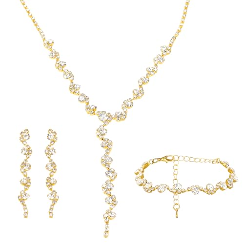 CAVETEE Jewelry Set - Prom Jewelry Crystal Bridal Necklace, Bracelet & Pendant Earring Jewelry Set for Women - style: Rectangular crystal