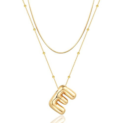 LUCA SMITH 2-Piece Initial Necklaces for Women, Dainty Balloon Bubble A-Z Letter Necklace Set, Name Letter Alphabet Pendant Layered Choker Necklaces Personalized Jewelry Gift - color: Gold bubble letter necklace, style: Initial Set-E