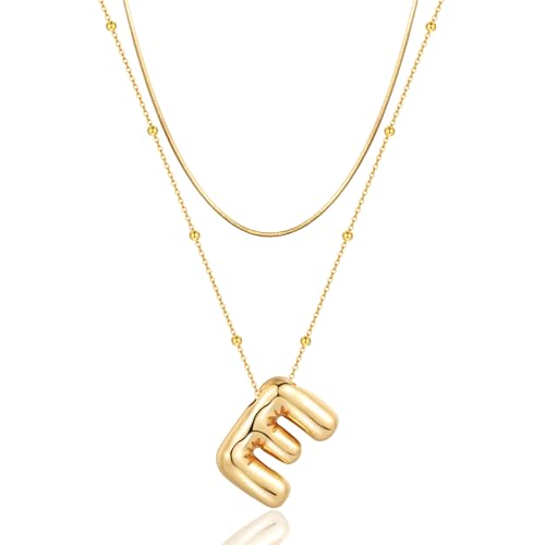 LUCA SMITH 2-Piece Initial Necklaces for Women, Dainty Balloon Bubble A-Z Letter Necklace Set, Name Letter Alphabet Pendant Layered Choker Necklaces Personalized Jewelry Gift - color: Gold bubble letter necklace, style: Initial Set-E
