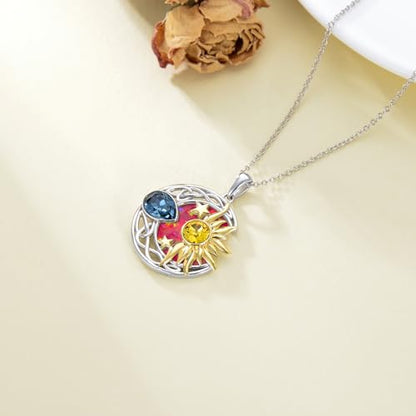 AOBOCO 925 Sterling Silver Moon Sun Star Necklace Celtic Jewelry for Women Girls - color: Silver&Gold&Red Opal