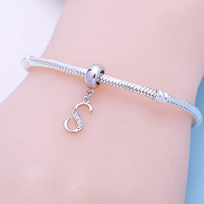 925 Sterling Silver Charms Alphabet Beads fit Pandora Charm Bracelets A-Z Letter Initial Spacer Dangle Clear CZ Stone Authentic for Snake Chain Bracelets - color: S