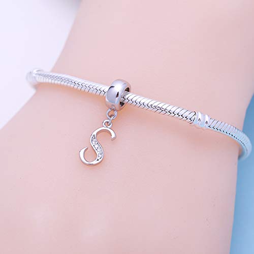 925 Sterling Silver Charms Alphabet Beads fit Pandora Charm Bracelets A-Z Letter Initial Spacer Dangle Clear CZ Stone Authentic for Snake Chain Bracelets - color: S