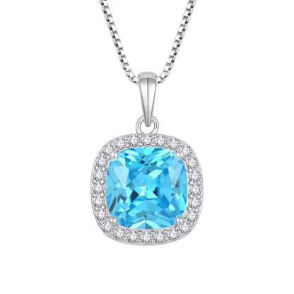 Birthstone Necklace for Women 925 Sterling Silver Princess Cut Halo Necklace Pendant Jewelry for Mom Wife - color: Sea Blue