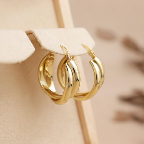 Chunky Large Gold Puffy Open Hoop Earrings for Women,Trendy Statement Big Minimalist Wavy Huggie Earing Prom Jewelry Gift - color: Double