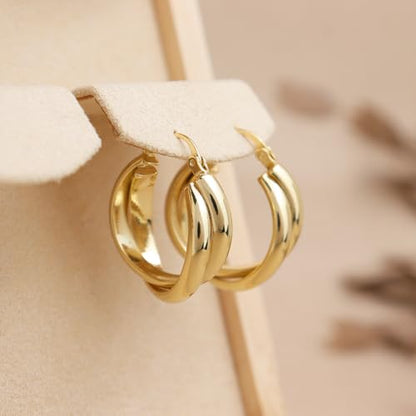 Chunky Large Gold Puffy Open Hoop Earrings for Women,Trendy Statement Big Minimalist Wavy Huggie Earing Prom Jewelry Gift - color: Double