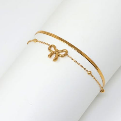 yueton Adjustable Gold Ankle Chain Stylish Double-Layer Ankle Bracelet with Cute Bow Pendant Dainty Beach Foot Jewelry for Women