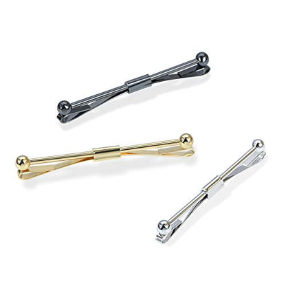 3PCS Men's Classic Tie Clips - Shirt Collar Clip Bar for Necktie - Gold, Silver, Black Tone - Tie Pins, Collar Holder - style: 60mm Length Ball Head