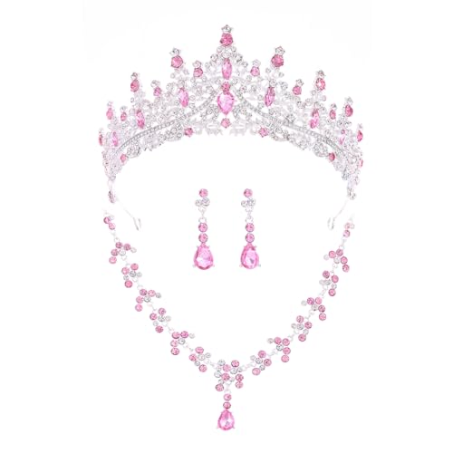 Crystal Crown and Tiara Jewelry Set for Women Bride with Necklace Earrings | Metal Rhinestone Royal Queen Princess Jewelry Set Wedding Quinceanera Pageant Prom Birthday Halloween Party Costume Gift - color: Silver Pink