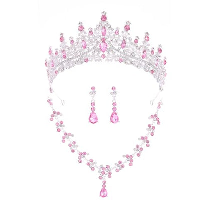 Crystal Crown and Tiara Jewelry Set for Women Bride with Necklace Earrings | Metal Rhinestone Royal Queen Princess Jewelry Set Wedding Quinceanera Pageant Prom Birthday Halloween Party Costume Gift - color: Silver Pink