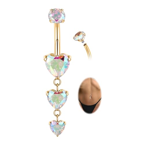 GAGABODY G23 Titanium Dangly Belly Button Ring Long Belly Rings Belly Piercing Jewelry 14G 3/8 inch 10mm Navel Barbell CZ Navel Piercing Ring - color: Style2:Gold+Dangle Heart Shape Clear ABCZ