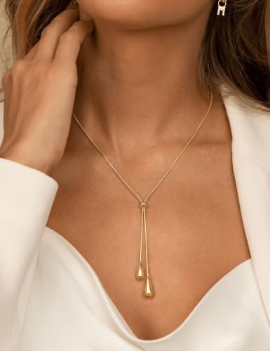 Lariat Gold Silver Necklace for Women Long Dainty Y Necklace 14k Gold Plated Drop Chunky Necklace Trendy Clover Heart Cross Teardrop Cz Pendant Statement Simple Adjustable Jewelry Gift - color: Gold- Water droplet