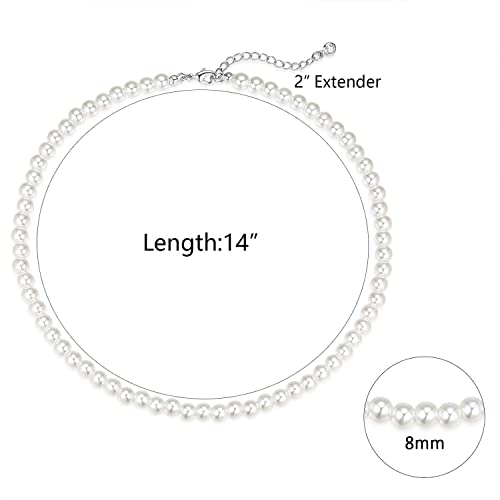 Zeffy Pearl Necklace 8MM Dainty Round Imitation Pearl Choker Necklace Wedding Pearl Necklace Delicate Jewelry for Women Simple Bridesmaid Jewelry Gifts - style: Style1-8mm Silver Pearl Necklace（14"+2"）