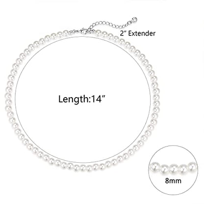 Zeffy Pearl Necklace 8MM Dainty Round Imitation Pearl Choker Necklace Wedding Pearl Necklace Delicate Jewelry for Women Simple Bridesmaid Jewelry Gifts - style: Style1-8mm Silver Pearl Necklace（14"+2"）