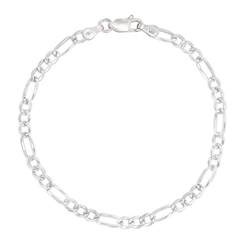 14K Gold or Rhodium Plated Silver Figaro Diamond Cut Pave Chain For Men | 1mm-13mm Thick | Solid 925 Figaro Italian Necklaces For Men - style: 4.00MM- White