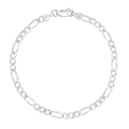 14K Gold or Rhodium Plated Silver Figaro Diamond Cut Pave Chain For Men | 1mm-13mm Thick | Solid 925 Figaro Italian Necklaces For Men - style: 4.00MM- White