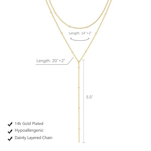 HERIER Lariat Gold Necklace for Women, Dainty Long Necklace 14k Gold Plated/Silver Y-Shaped Layered Beaded Chain Drop Necklaces for Women Trendy Simple Gold Jewelry for Women Gifts - color: Y Small Layered Bead-Gold
