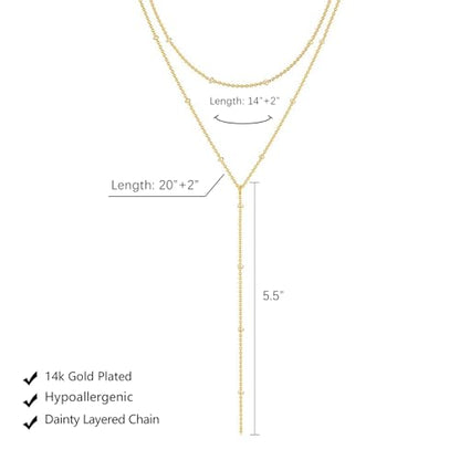 HERIER Lariat Gold Necklace for Women, Dainty Long Necklace 14k Gold Plated/Silver Y-Shaped Layered Beaded Chain Drop Necklaces for Women Trendy Simple Gold Jewelry for Women Gifts - color: Y Small Layered Bead-Gold