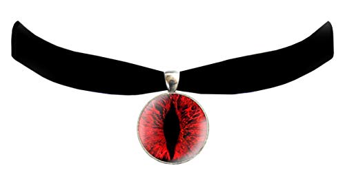 Victorian Vault Cat Dragon Eye Black Velvet Choker Steampunk Gothic Pendant Necklace - color: Red