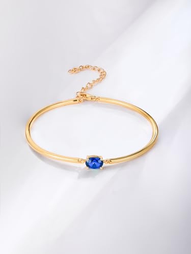 Moissanite/Sapphire/Ruby/Emerald Cuff Bracelet 1 Carat Oval Cut Center Stone Inlaid 925 Sterling Silver 14K Gold Plated Adjustable Birthstone Bangle for Women fit Wrist 5-7.5 Inch - color: Sapphire Gold