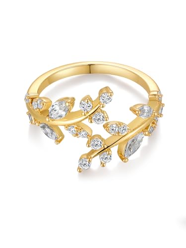 Silver Leaf Ring for Women 925 Sterling Silver Yellow Gold Plated CZ Inlaid Marquise Sapphire/Ruby/Emerald Cocktail Rings Size 6 to 10 - color: Cubic Zirconia - Gold