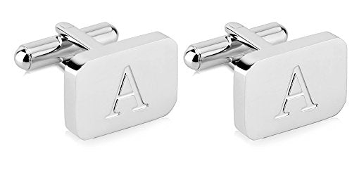 18K White-Gold Plated Initial Engraved Stainless Steel Men’s Cufflinks With Gift Box -Personalized Alphabet Letter’s A-Z By Lux & Pair - style: A- White Gold