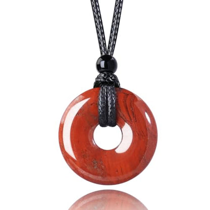 FANASY Natural Gemstone Pendant Necklce Lucky Coin Crystal Necklace Protection Donut Pendnat with Adjustable Rope for Men Women - color: Red Jasper