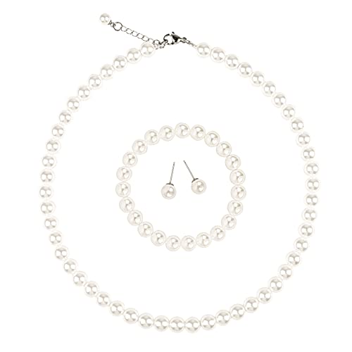 5mm Faux Pearl Necklace Set for Women & Girls, Bracelet & Earrings | White, Glass Material, Party Event Accessory, Gift Ready Presentation, Daily Wear - style: 5MM 16inch